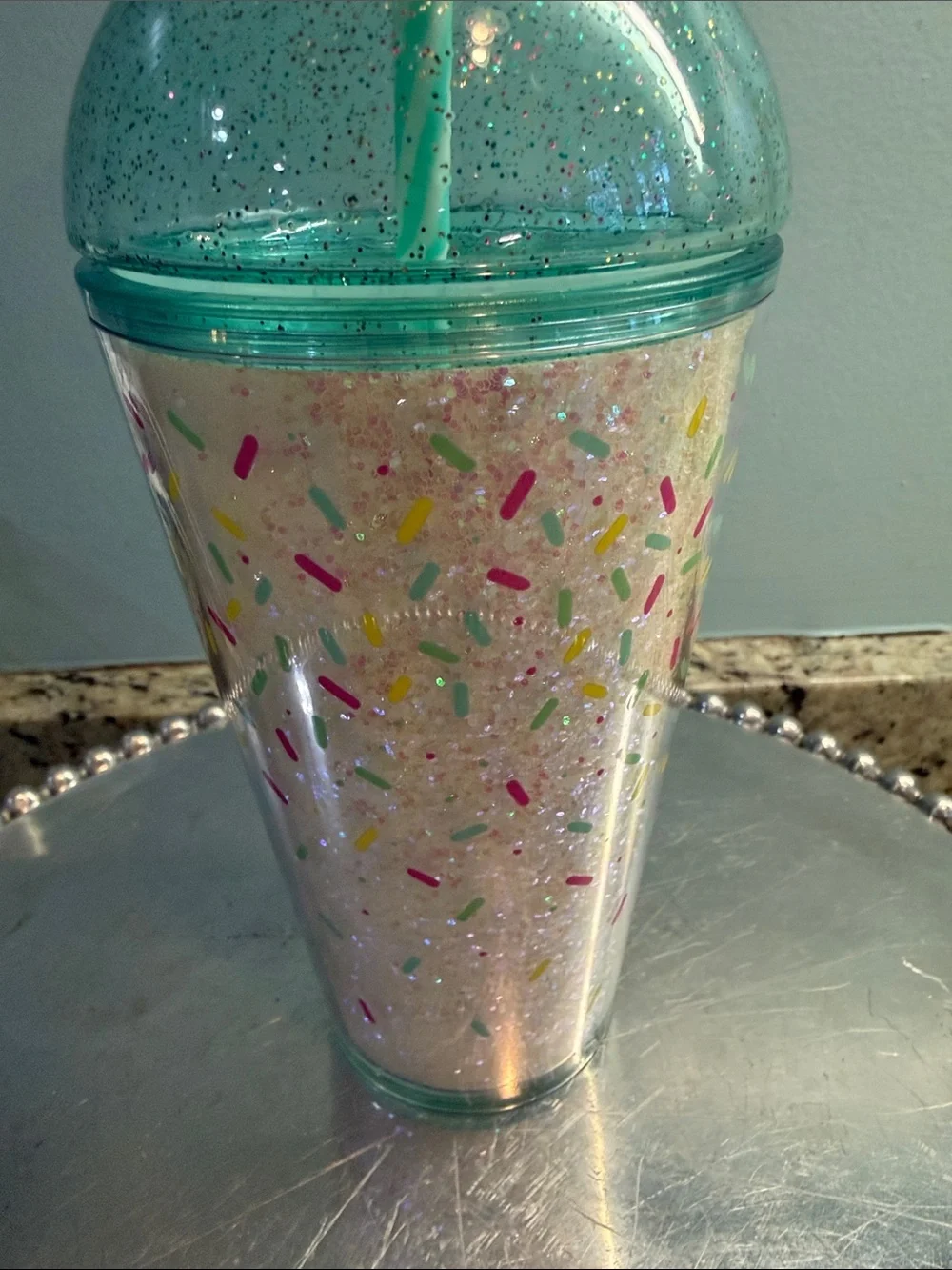 Starbucks Sparkle Confetti Tumbler with Teal Lid and Yellow Candle Straw